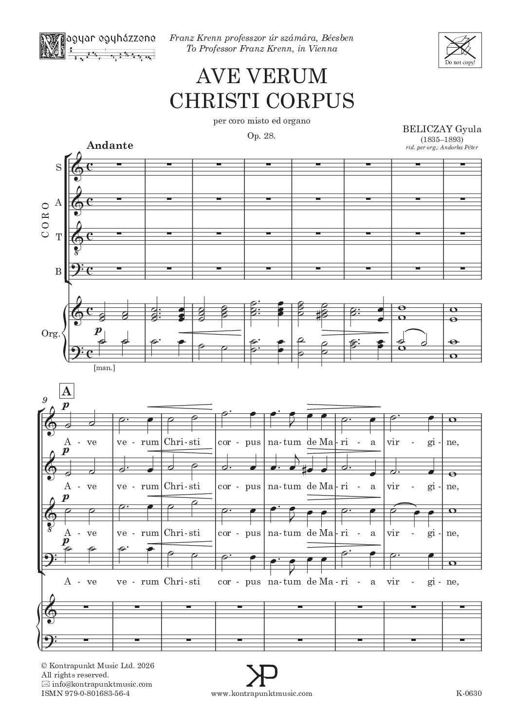 Beliczay Gyula: Ave verum Christi corpus - vegyeskarra és orgonára